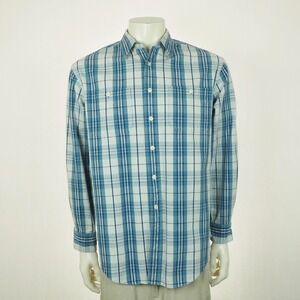C.C. Filson Co. Button Down Shirt Mens Large Blue Plaid Cotton Linen Oxford Camp